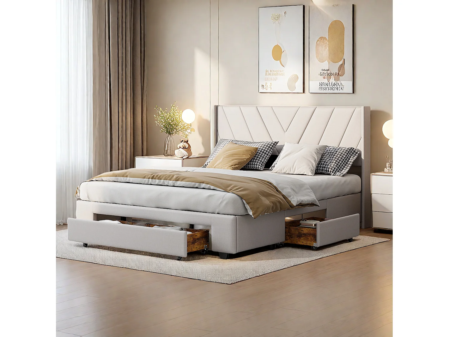 Cama doble 160x200cm en lino beige con 3 cajones, Estructura de cama tapizada - Tejido ecológico, suave y cómodo, fácil de mantener