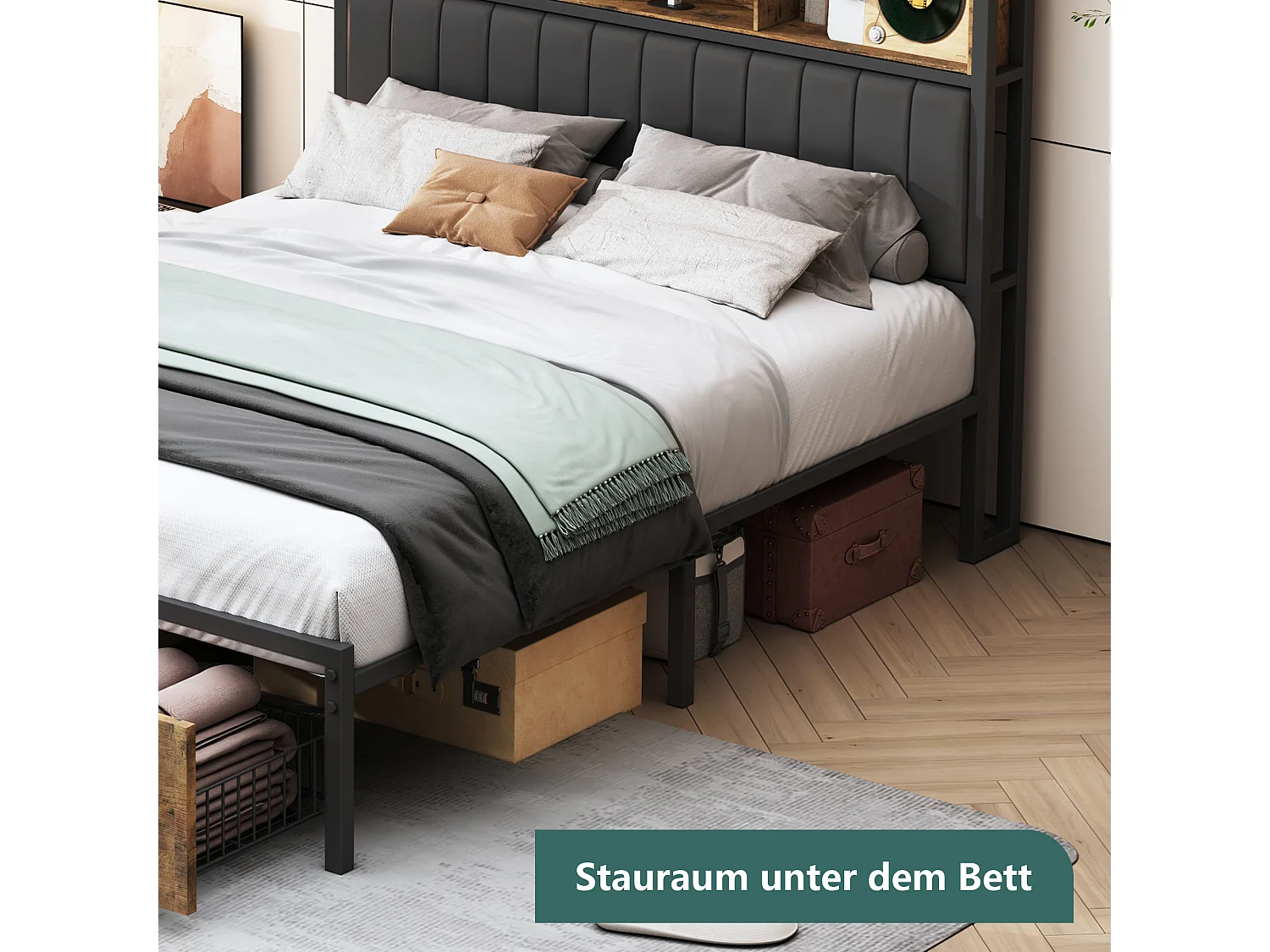 Lit coffre 160x200 cm avec sommier à lattes, éclairage LED, 2 tiroirs, tête capitonnée PU, cadre métal robuste – lit double moderne