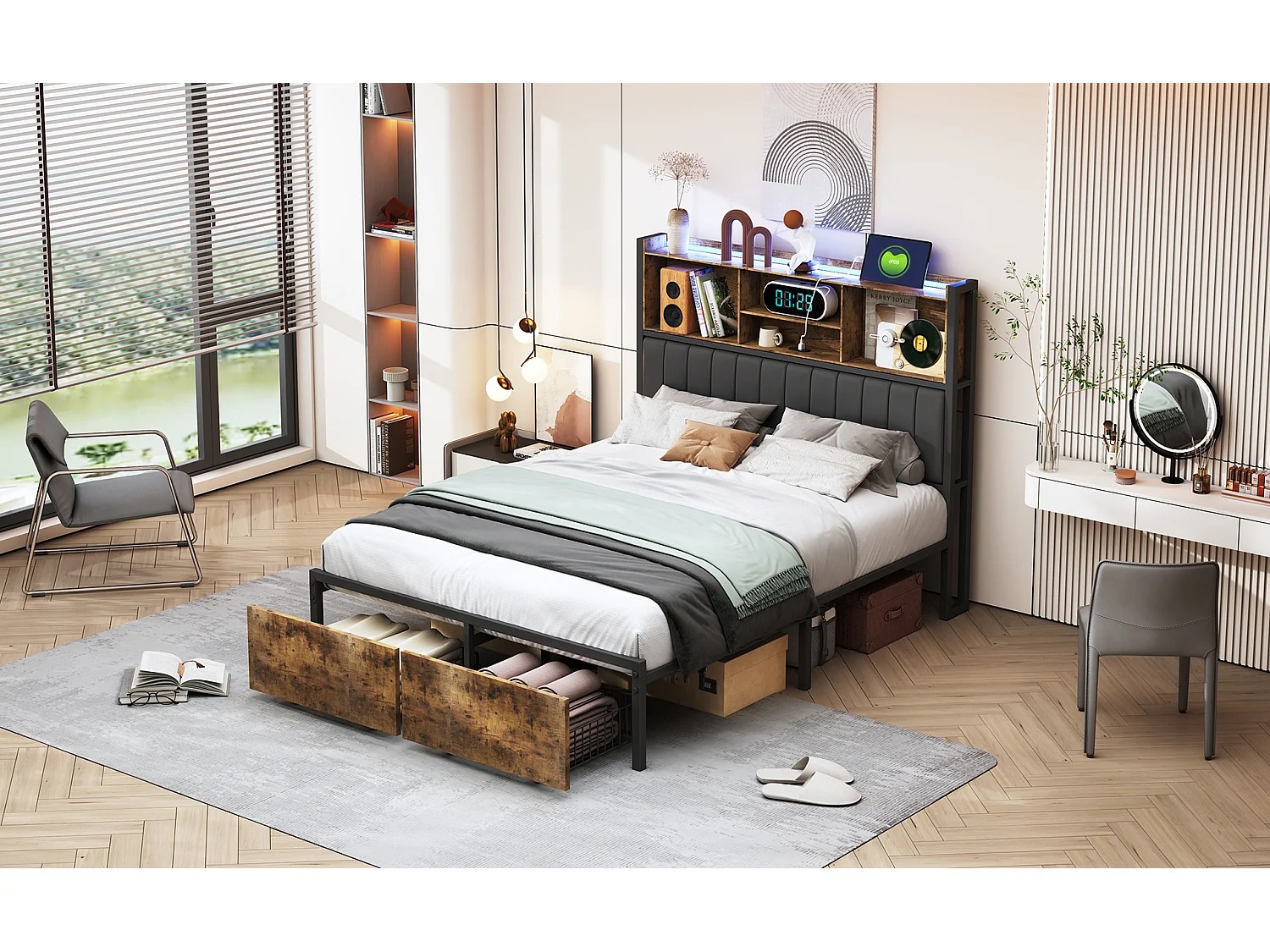 Lit coffre 160x200 cm avec sommier à lattes, éclairage LED, 2 tiroirs, tête capitonnée PU, cadre métal robuste – lit double moderne