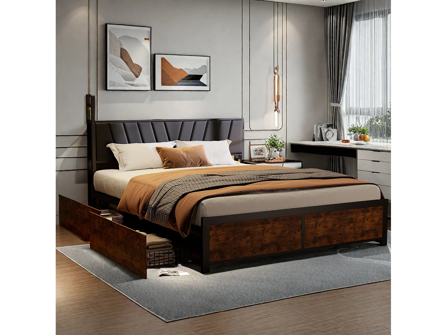 Cama de casal 180x200 cm com gavetas deslizantes e LED, em metal preto e madeira - perfeita para quarto de adulto, USB