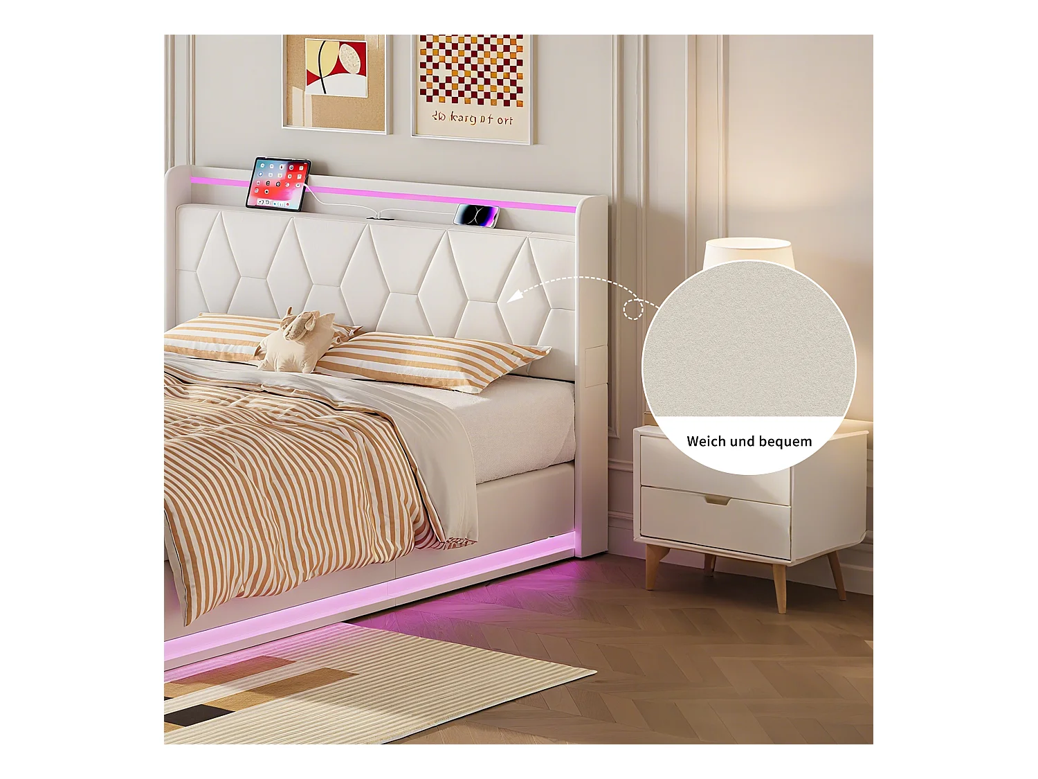 Wit tweepersoonsbed 140x200 cm in fluweel, gestoffeerd hoofdbord met LED, oplaadpoorten, lichtstrips aan 3 zijden