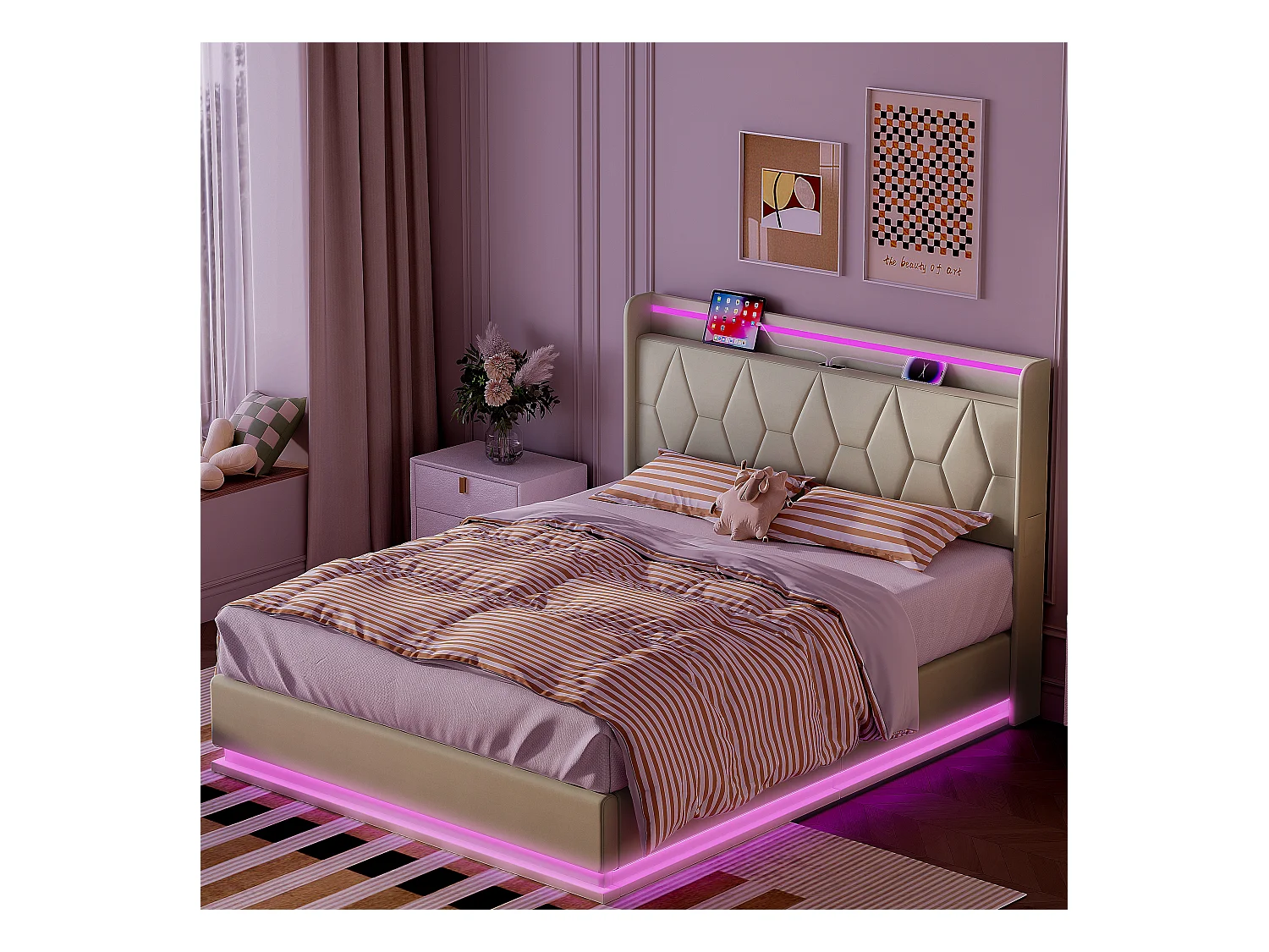 Wit tweepersoonsbed 140x200 cm in fluweel, gestoffeerd hoofdbord met LED, oplaadpoorten, lichtstrips aan 3 zijden