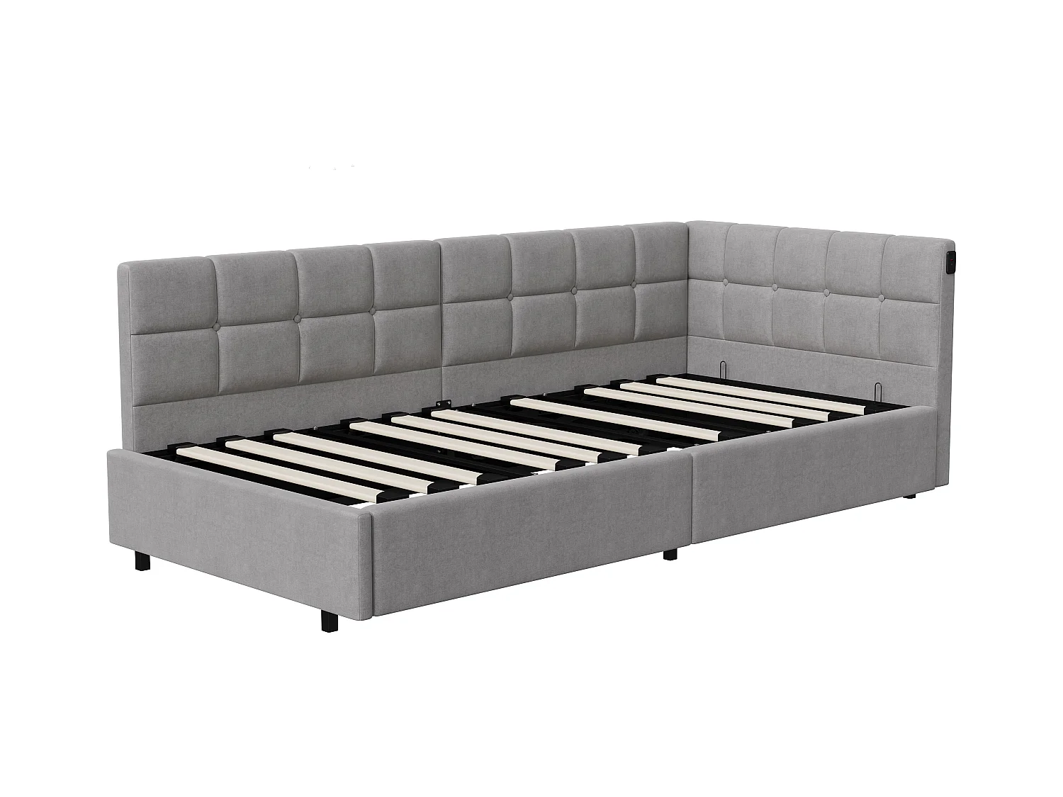 Letto galleggiante 90x200 cm in tessuto grigio, letto idraulico, porta USB + Type-C, striscia LED sotto il letto con telecomando