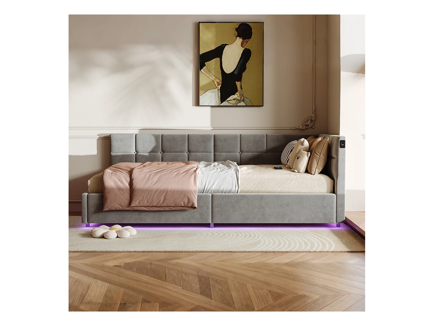 Letto galleggiante 90x200 cm in tessuto grigio, letto idraulico, porta USB + Type-C, striscia LED sotto il letto con telecomando