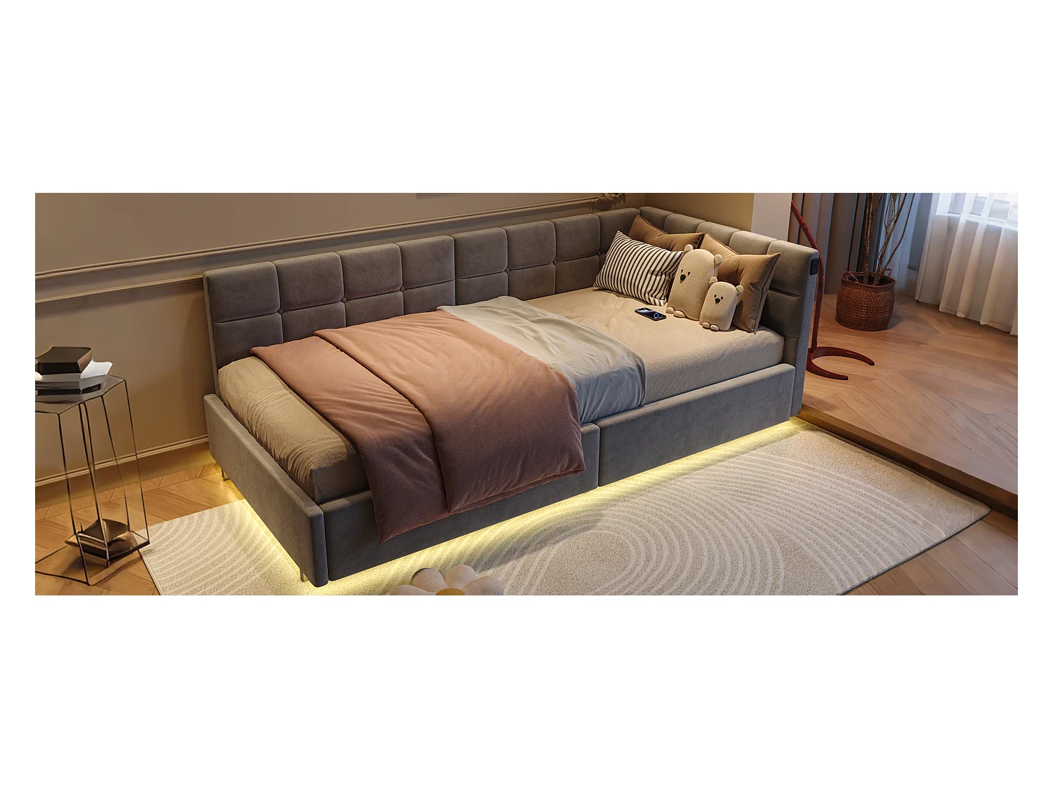 Letto galleggiante 90x200 cm in tessuto grigio, letto idraulico, porta USB + Type-C, striscia LED sotto il letto con telecomando