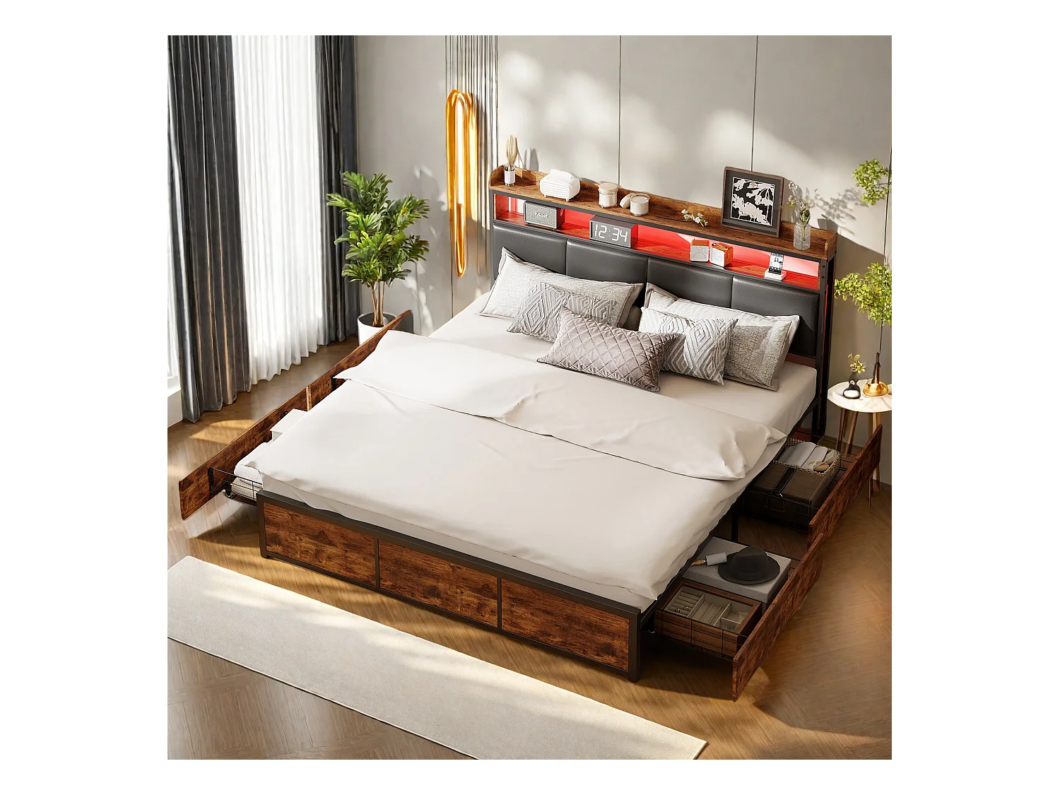 Cama de casal 160x200 cm com estrutura metálica, cabeceira em PU preto mate com padrão tigre e iluminação LED integrada