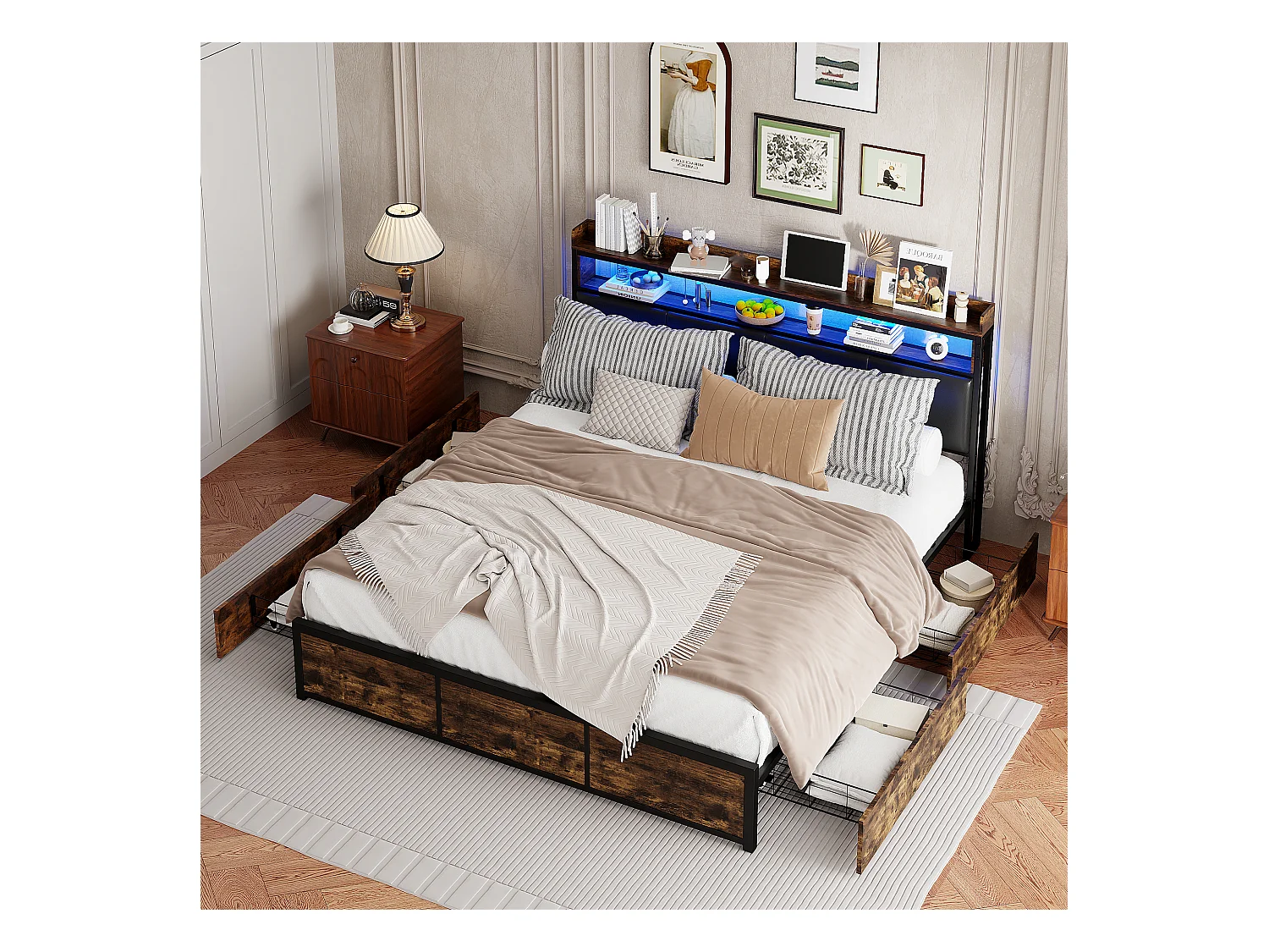 Cama de casal 160x200 cm com estrutura metálica, cabeceira em PU preto mate com padrão tigre e iluminação LED integrada