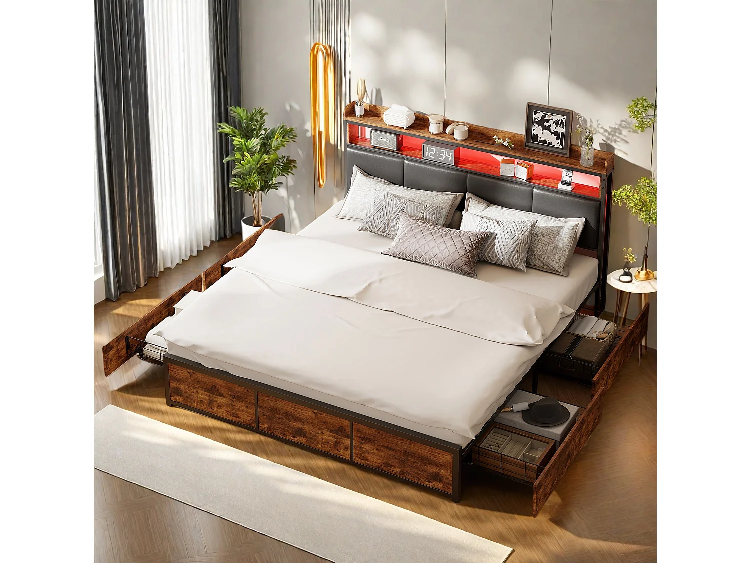 Lit double 160x200 cm avec cadre en métal, tête de lit en PU noir mat motif tigre et éclairage LED intégré