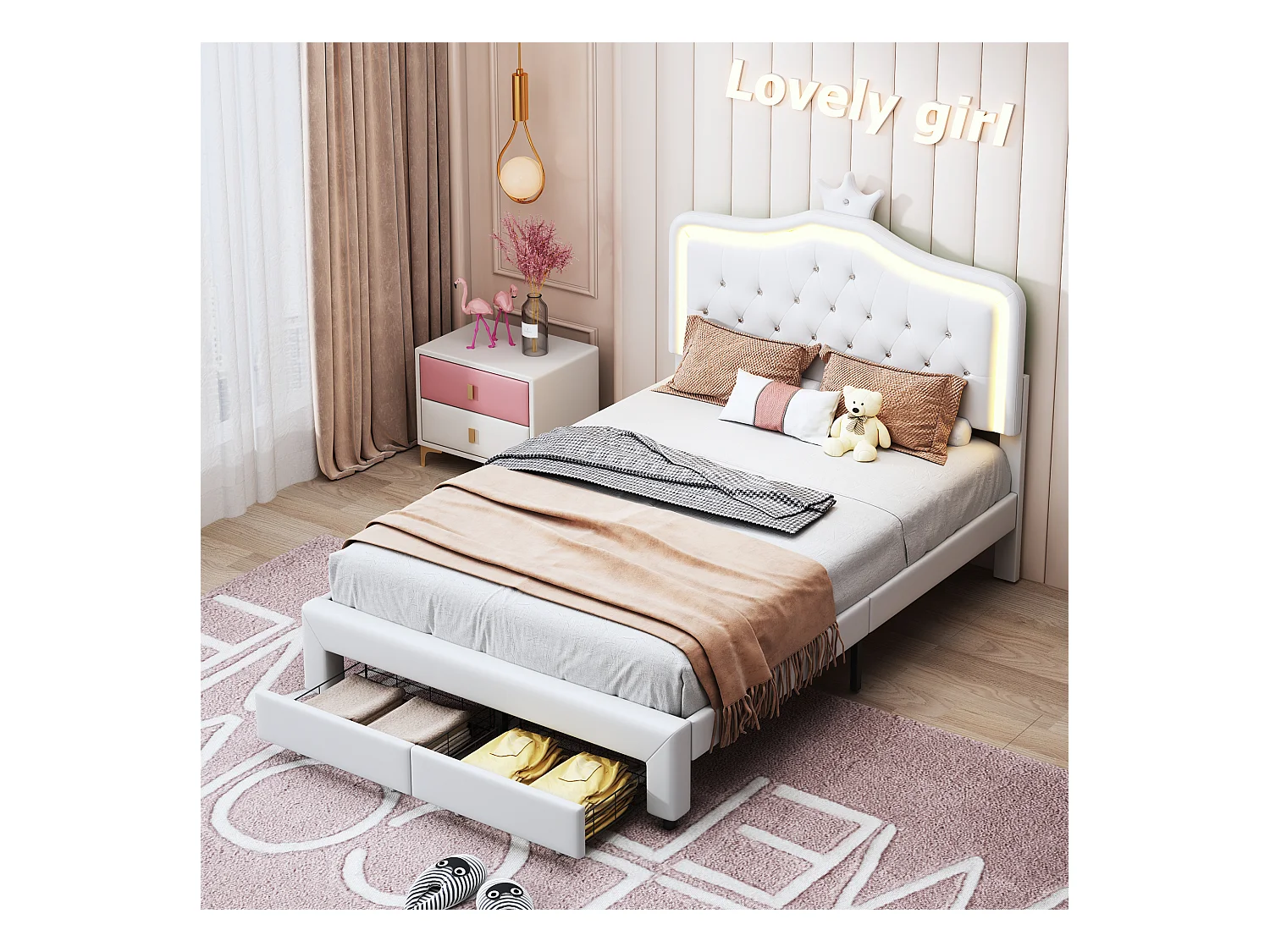 Kinderbed 140x200 cm gewatteerd, verstelbaar hoofdeinde, 2 laden, kroonvorm met LED, prinsessenstijl, wit (zonder matras)