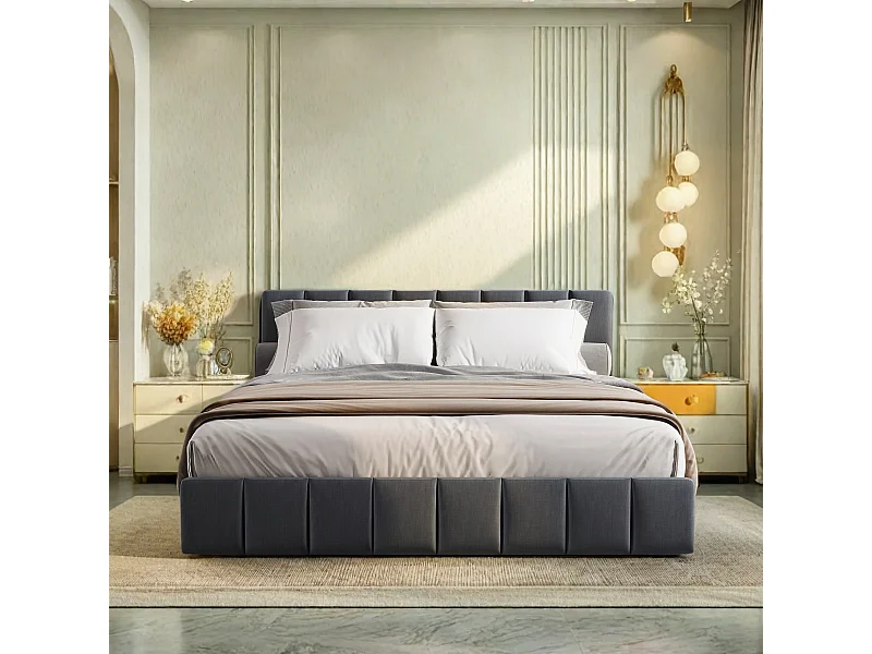 Cama de arrumação 140x200 cm em tecido de linho preto, cabeceira com janela de luz, gavetas de arrumação, faixas de LED integradas