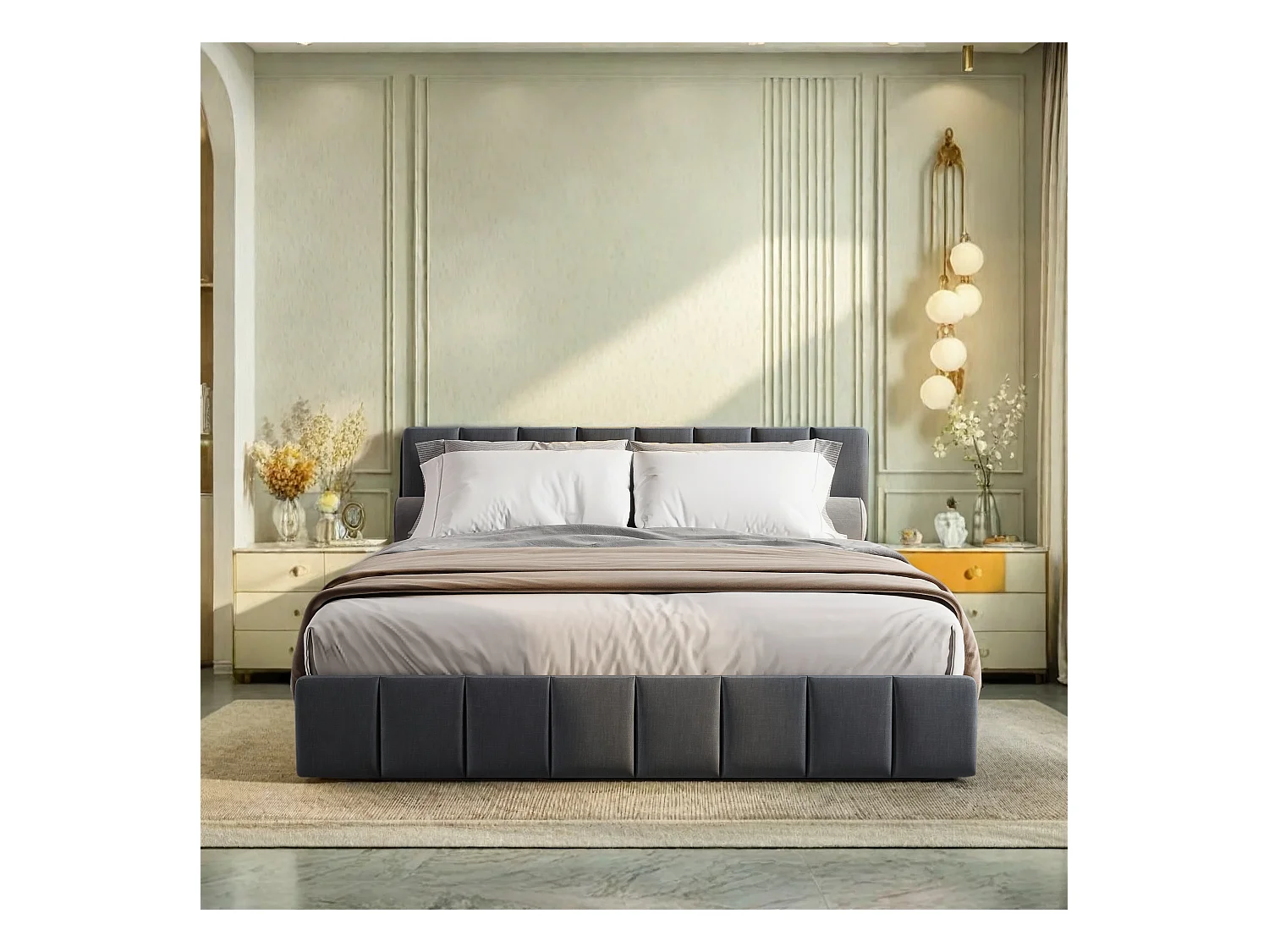 Cama de arrumação 140x200 cm em tecido de linho preto, cabeceira com janela de luz, gavetas de arrumação, faixas de LED integradas