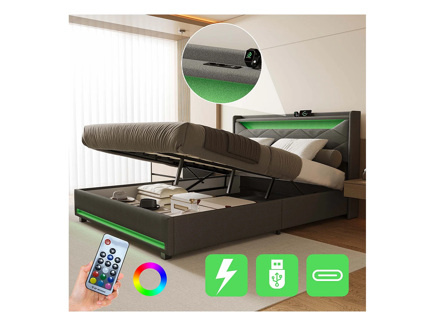 Lit coffre en tissu gris 140x 200 cm avec tête de lit LED, prises USB/Type-C, bandes lumineuses et rangement intégré