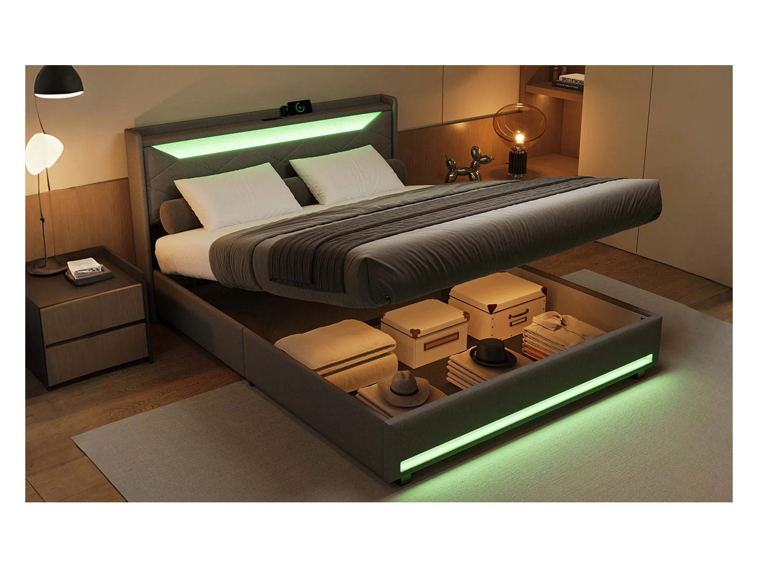Lit coffre en tissu gris 140x 200 cm avec tête de lit LED, prises USB/Type-C, bandes lumineuses et rangement intégré