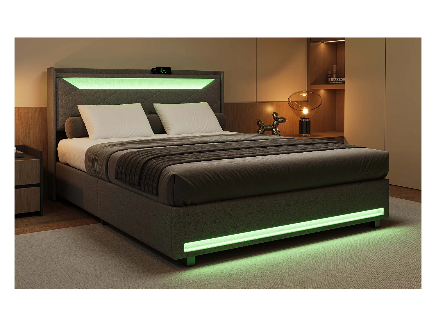 Lit coffre en tissu gris 140x 200 cm avec tête de lit LED, prises USB/Type-C, bandes lumineuses et rangement intégré