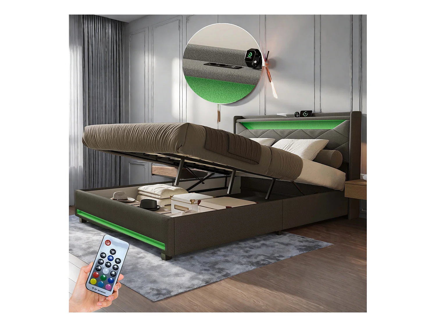 Lit coffre en tissu gris 140x 200 cm avec tête de lit LED, prises USB/Type-C, bandes lumineuses et rangement intégré