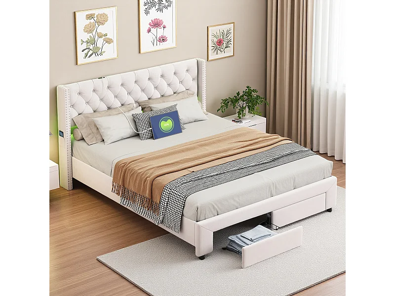 Lit coffre 180x190 cm en velours beige, tête de lit cloutée, 2 tiroirs, ports USB, poches latérales, bande LED amovible