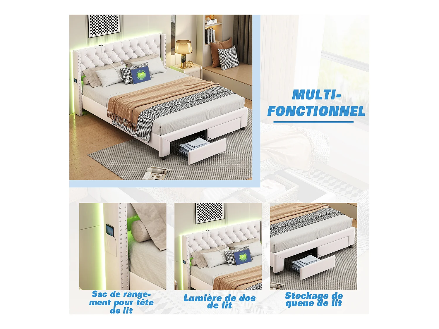 Lit coffre 180x190 cm en velours beige, tête de lit cloutée, 2 tiroirs, ports USB, poches latérales, bande LED amovible