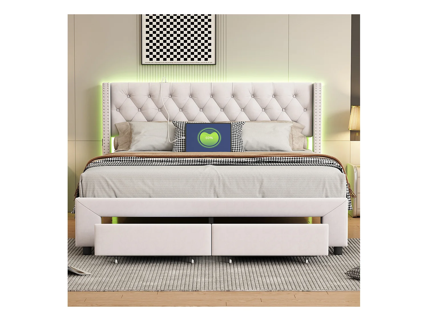 Lit coffre 180x190 cm en velours beige, tête de lit cloutée, 2 tiroirs, ports USB, poches latérales, bande LED amovible