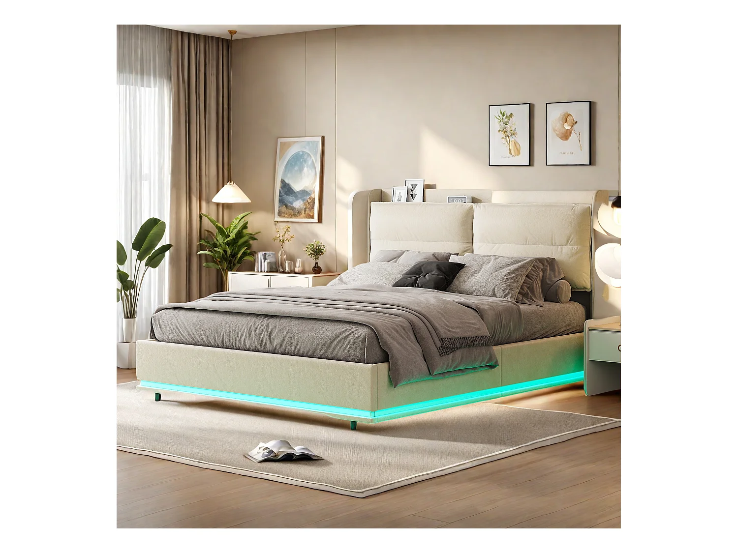 Estructura de cama doble 160x200cm en terciopelo con LED integrados, láminas de madera, almacenaje hidráulico y estación de carga USB, color blanco roto