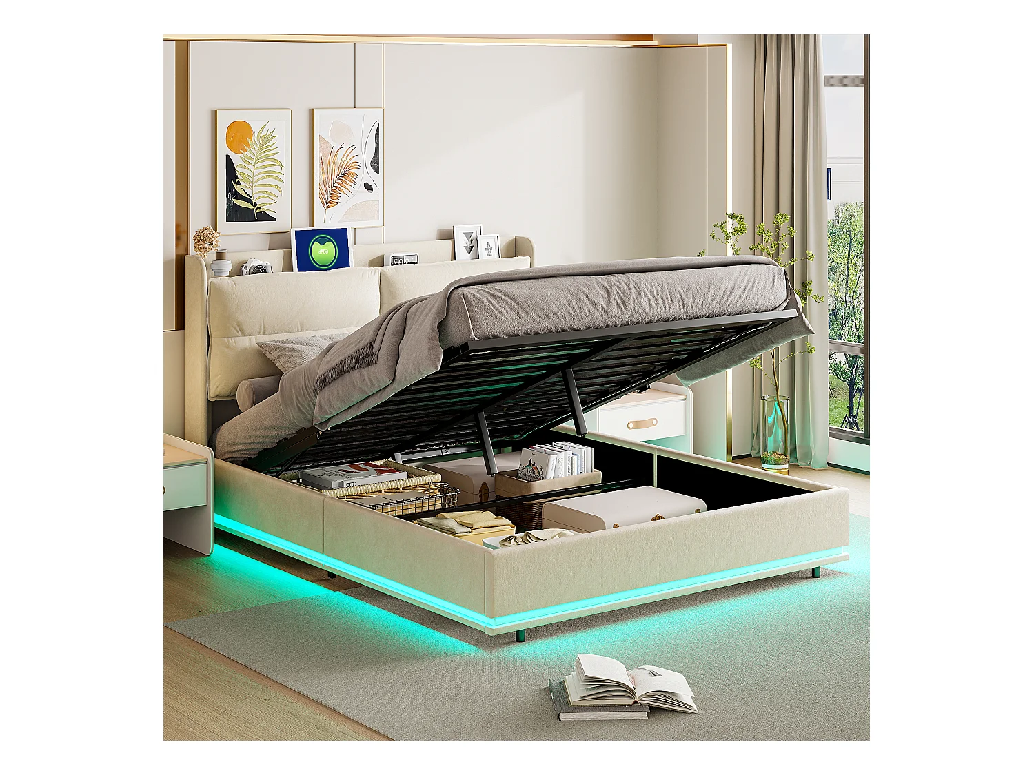 Estructura de cama doble 160x200cm en terciopelo con LED integrados, láminas de madera, almacenaje hidráulico y estación de carga USB, color blanco roto