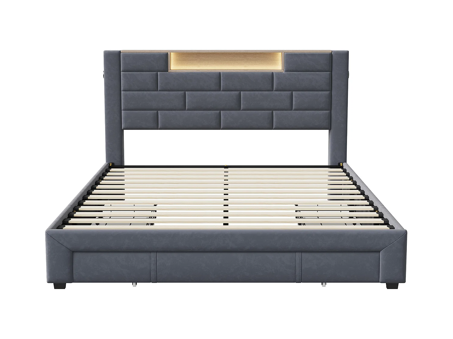 Cama de arrumação 160x200 cm em veludo cinzento com macacos hidráulicos, cabeceira LED de 7 cores, portas USB e Tipo C integradas e gavetas de arrumação