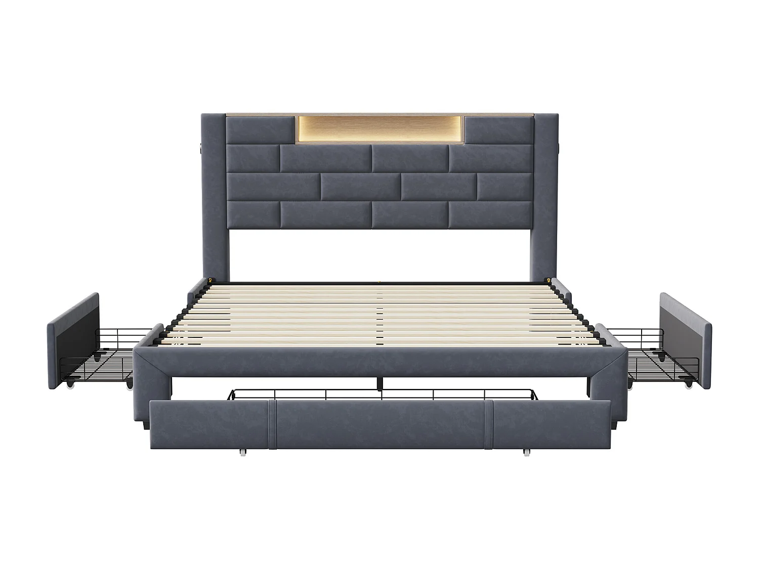 Cama de arrumação 160x200 cm em veludo cinzento com macacos hidráulicos, cabeceira LED de 7 cores, portas USB e Tipo C integradas e gavetas de arrumação