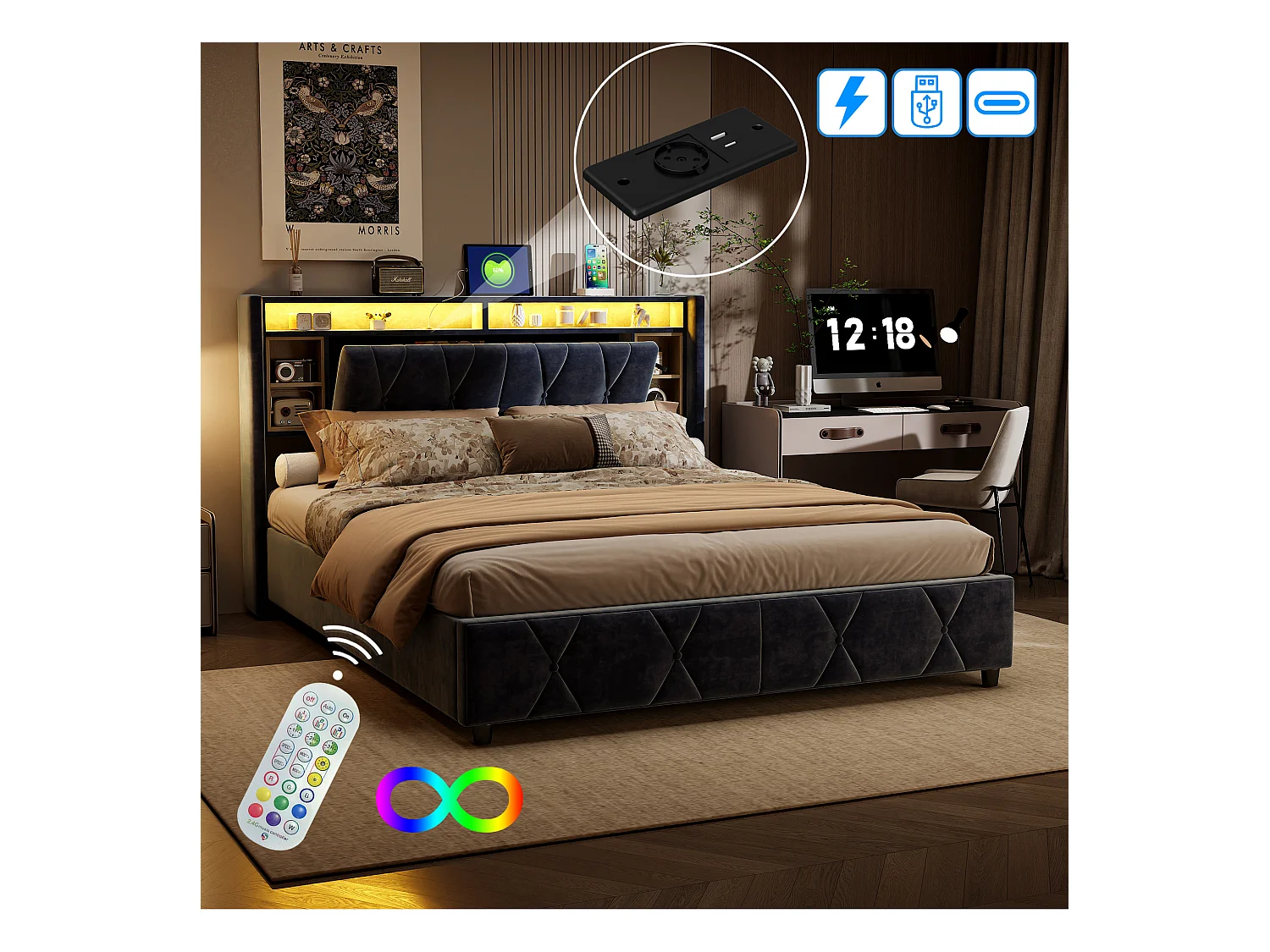 Lit coffre 140x200 cm en velours gris avec tête de lit LED 7 couleurs, prises intégrées (USB + Type-C + EU), rangements pratiques et vérins hydrauliques