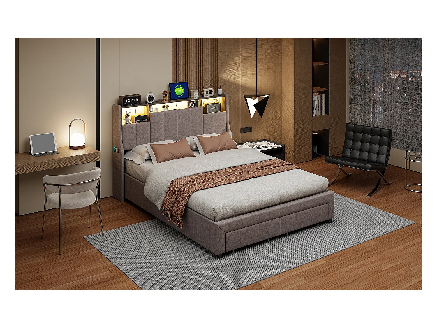 Lit double 140x200 cm en tissu aspect lin gris avec 2 tiroirs, tête de lit avec poches latérales, rangements intégrés et éclairage LED d’ambiance