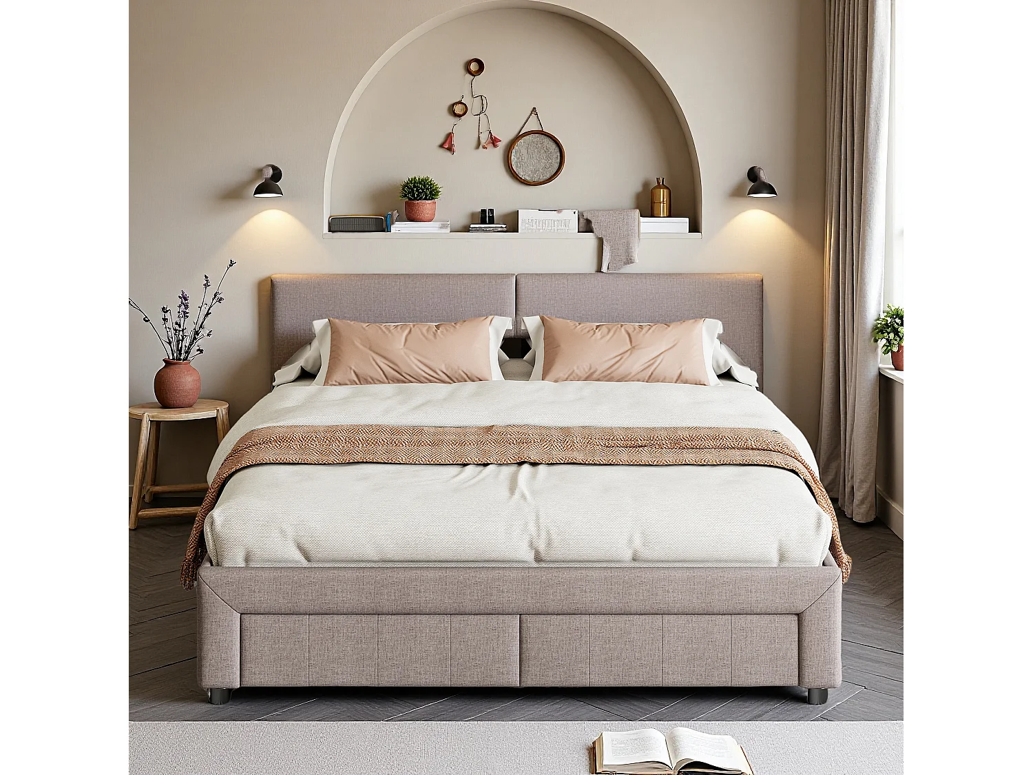 Cama de casal 140x200 cm em tecido cinza efeito linho com 2 gavetas, cabeceira com bolsos laterais, arrumação integrada e iluminação ambiente LED