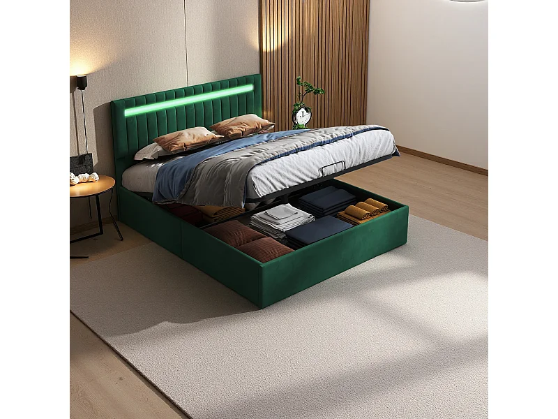 lit 140x200cm avec Rangement et éclairage LED, Lit de stockage à pression de gaz, Tête de Lit Réglable, Lit capitonné, Vert