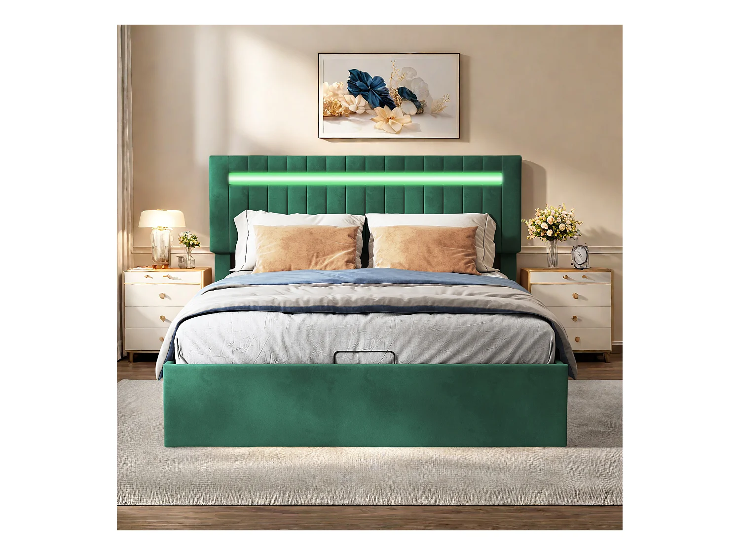 Letto 140x200cm con contenitore e illuminazione a LED, letto contenitore a gas, testiera regolabile, letto imbottito, verde