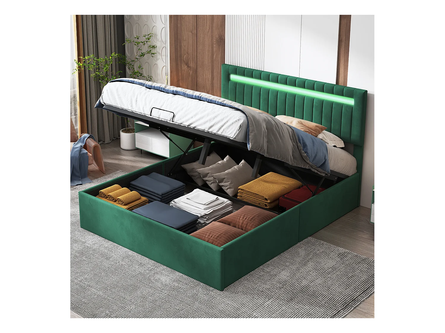 Letto 140x200cm con contenitore e illuminazione a LED, letto contenitore a gas, testiera regolabile, letto imbottito, verde