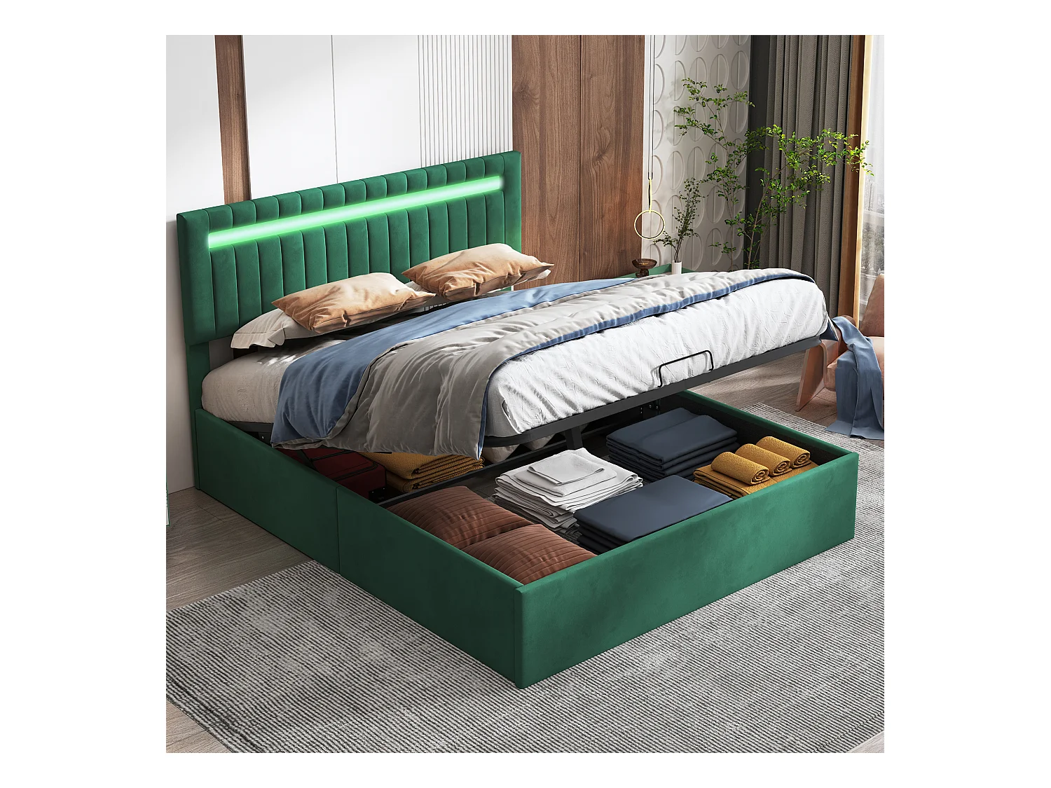Letto 140x200cm con contenitore e illuminazione a LED, letto contenitore a gas, testiera regolabile, letto imbottito, verde