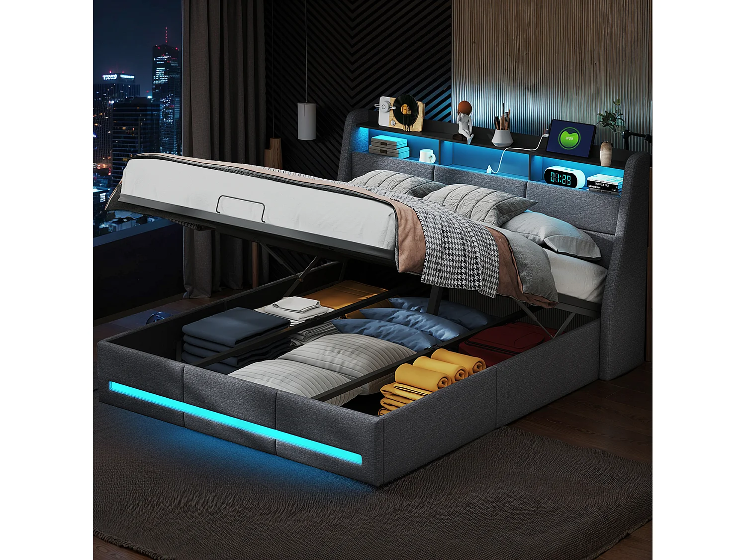 Lit coffre 140x190 cm gris en tissu, rangement à vérins hydrauliques, LED multicolore contrôlable, tête de lit avec prise et rangement intégré