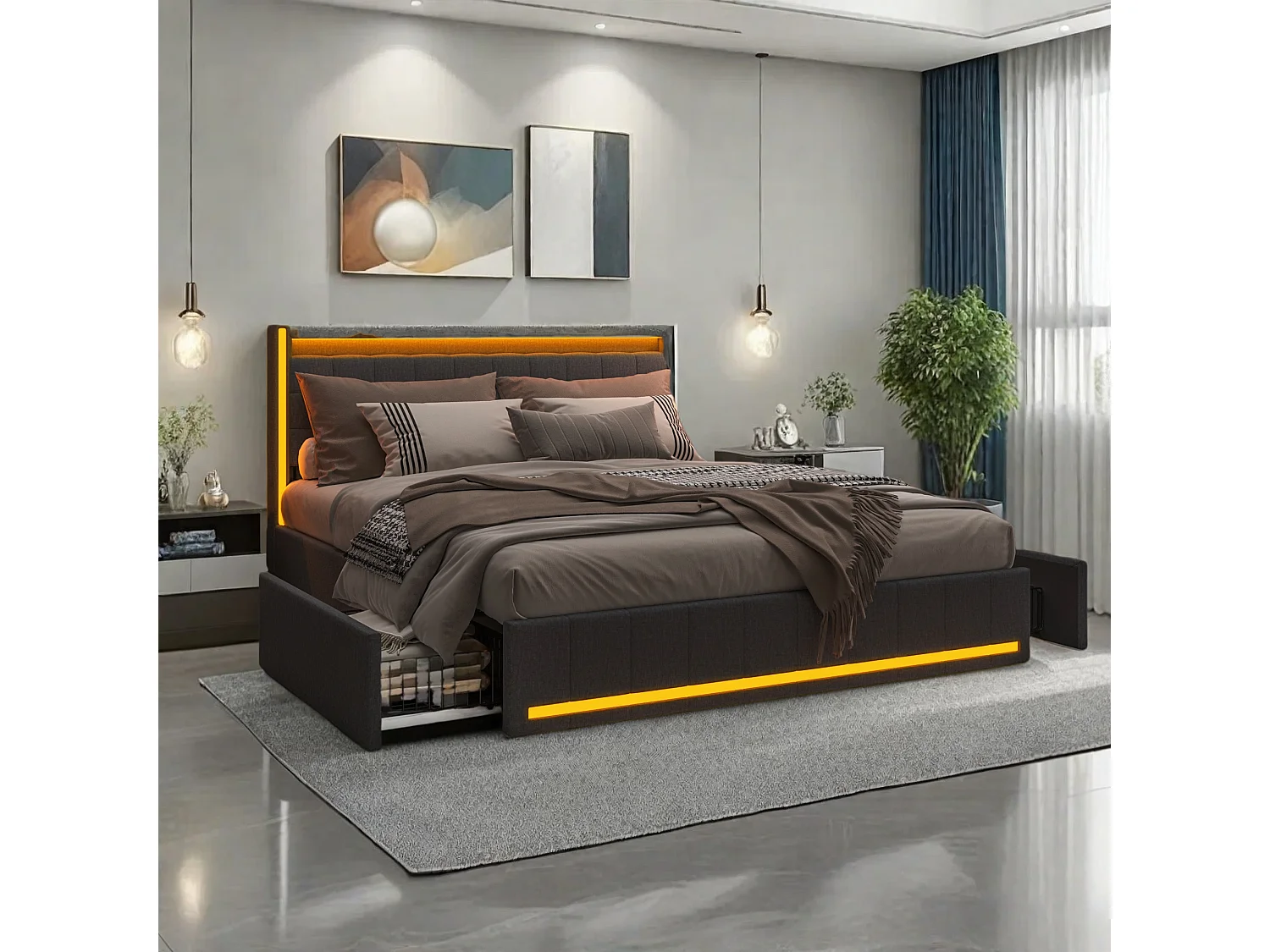 Lit double 160x200 cm en lin gris – Tête et pied de lit avec LED, 4 tiroirs métalliques, ports USB & Type-C