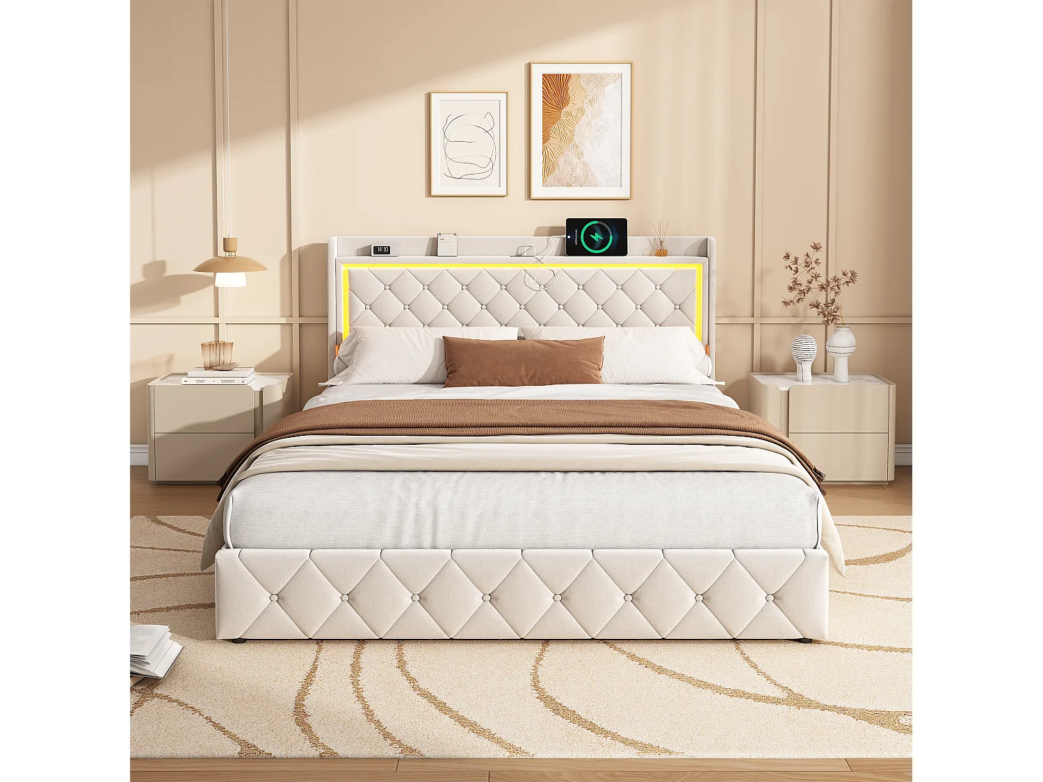 Lit avec tiroirs 160x200 cm en velours beige, rangement tête et lit à gaz, lumière LED, port USB + Type-C, design moderne et confortable
