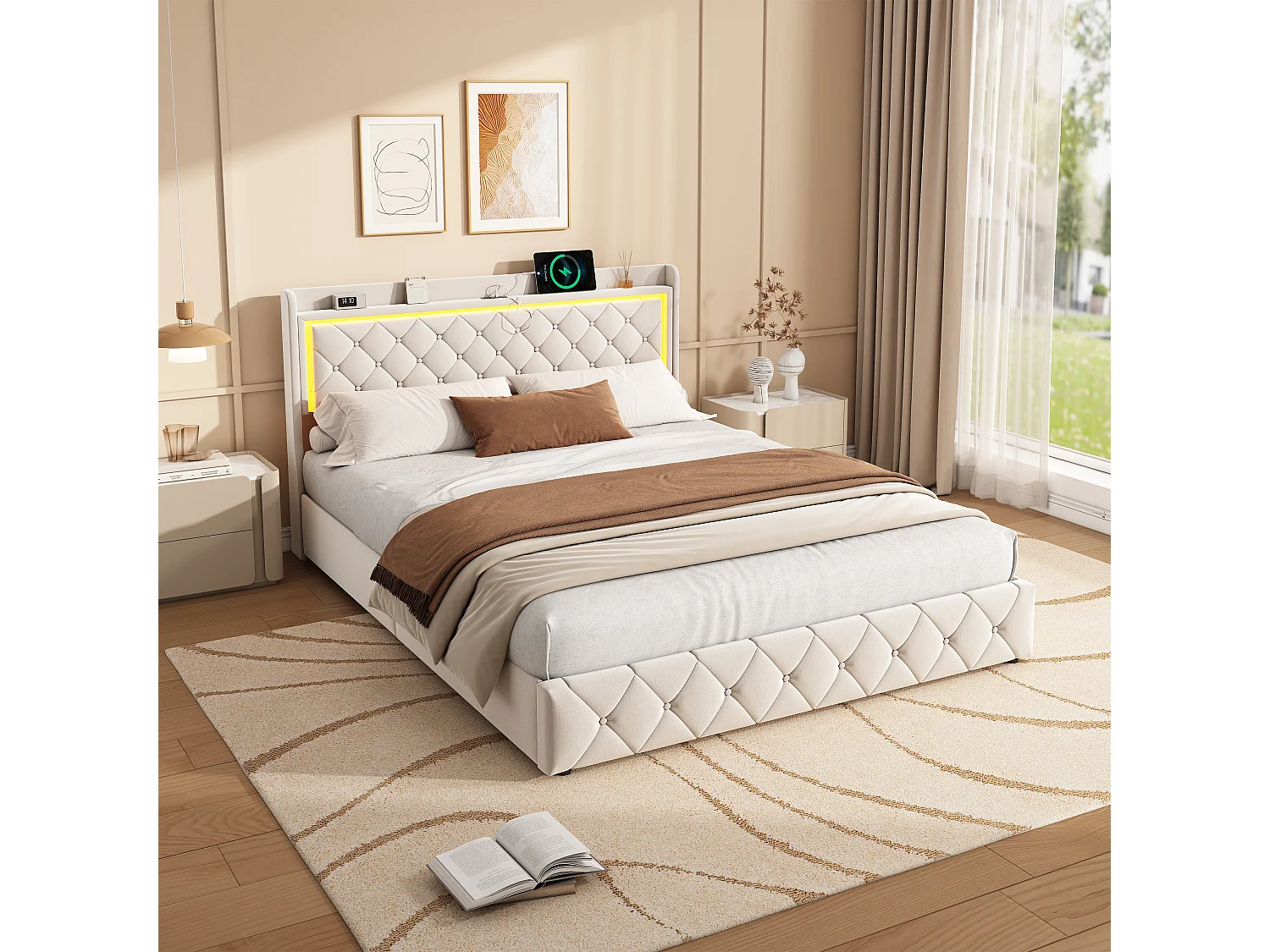 Cama com gavetas 160x200 cm em veludo bege, cabeceira e armários de cama a gás, luz LED, porta USB + Tipo C, design moderno e confortável
