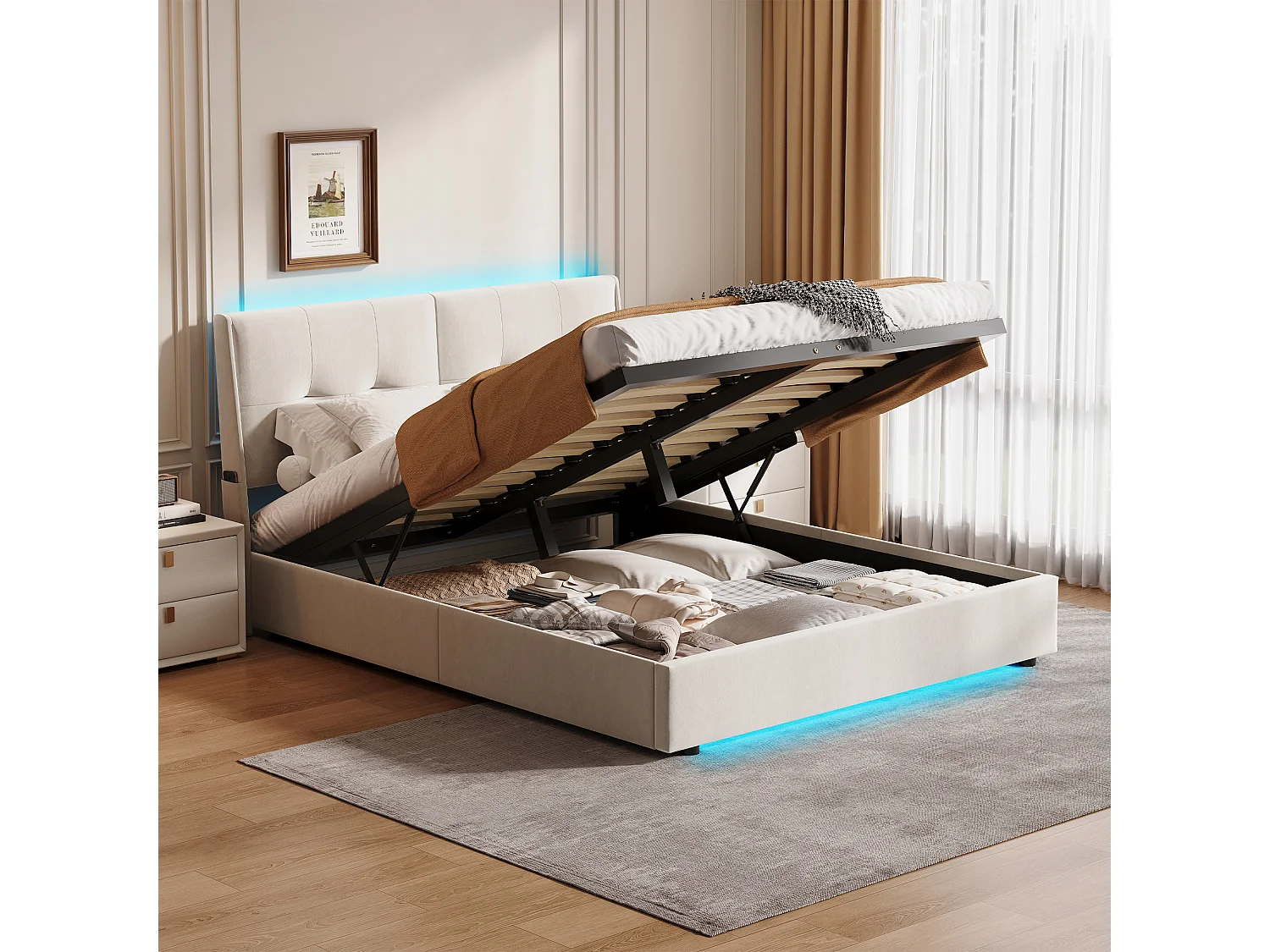 Cama doble moderna de 140 x 200 cm con cabecero tapizado, iluminación LED integrada, espacio de almacenamiento bajo el somier, diseño minimalista, color beige.