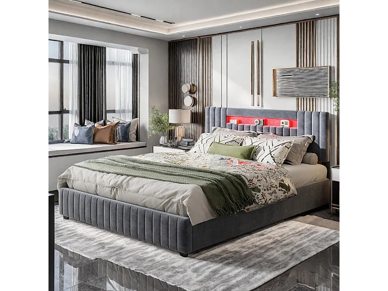 Cama doble de 140x200 cm en terciopelo gris con cofre hidráulico, cabecero LED de 7 colores, mando a distancia y control mediante smartphone.