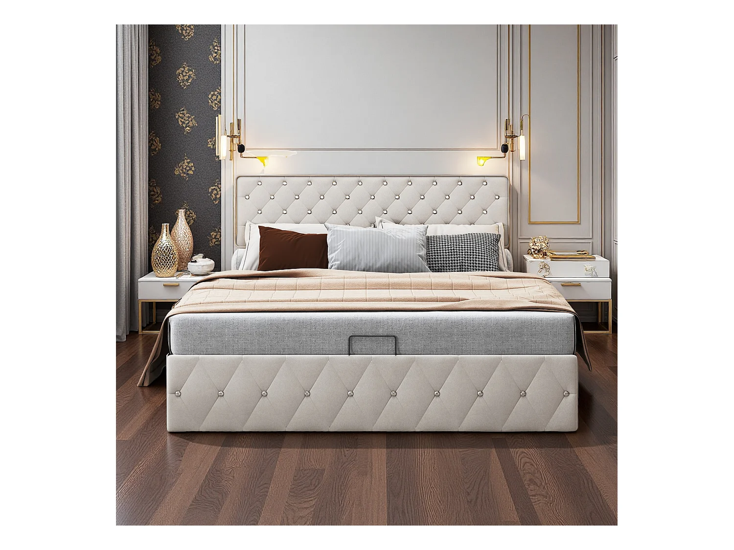 Elegante letto imbottito 160x200 con ampia testiera sollevabile, letto in velluto con LED, sistema contenitore idraulico, elegante letto beige