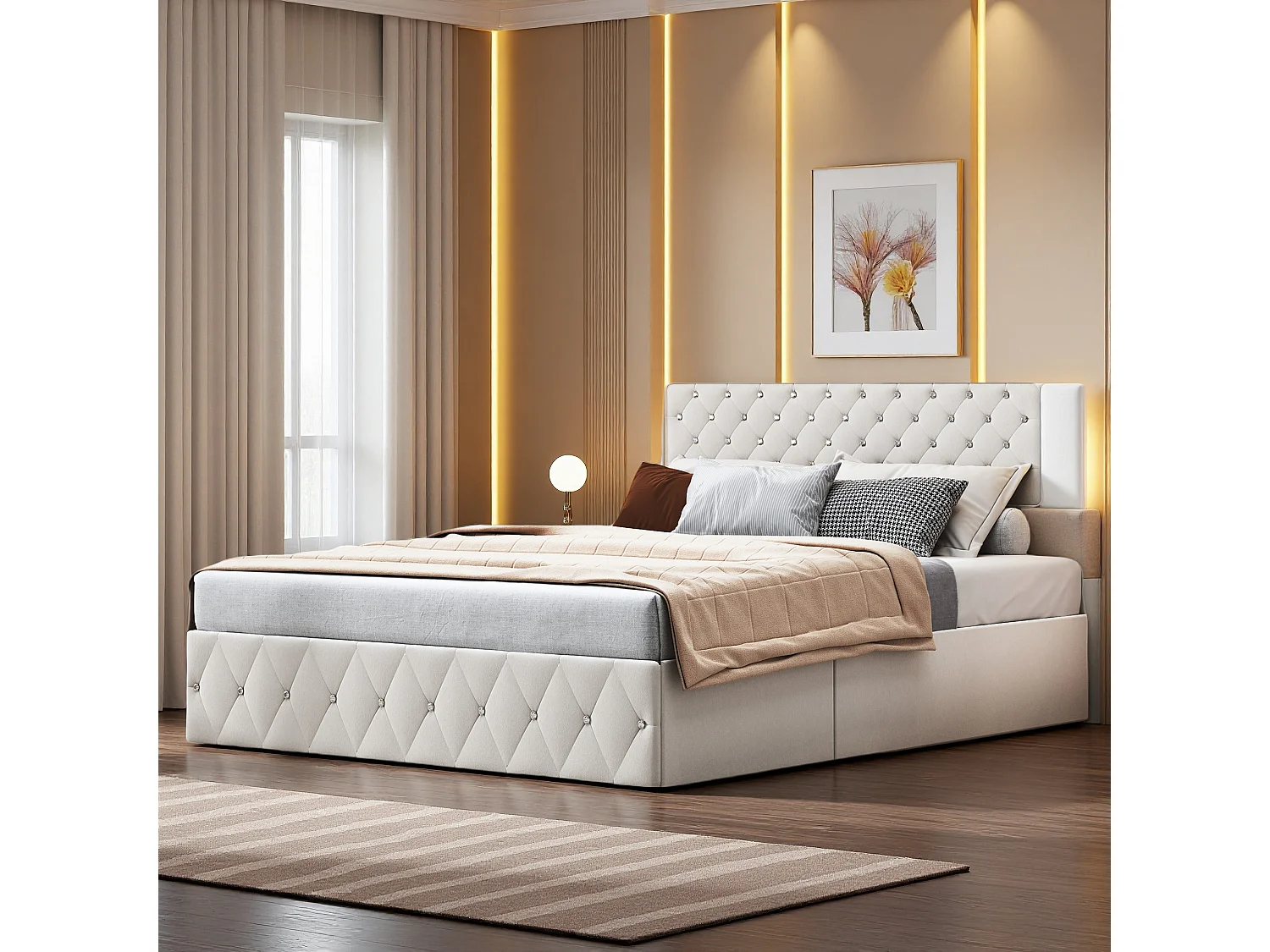 Lit élégant rembourré 160x200 avec grande tête de lit relevable, lit en velours avec LED, système de rangement hydraulique, lit beige élégant