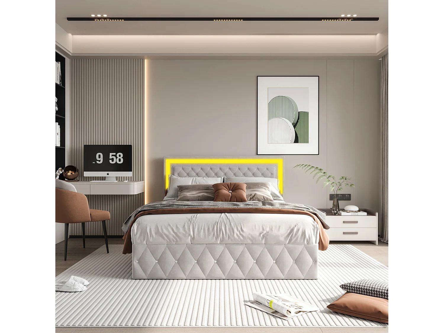 Lit élégant rembourré 160x200 avec grande tête de lit relevable, lit en velours avec LED, système de rangement hydraulique, lit beige élégant
