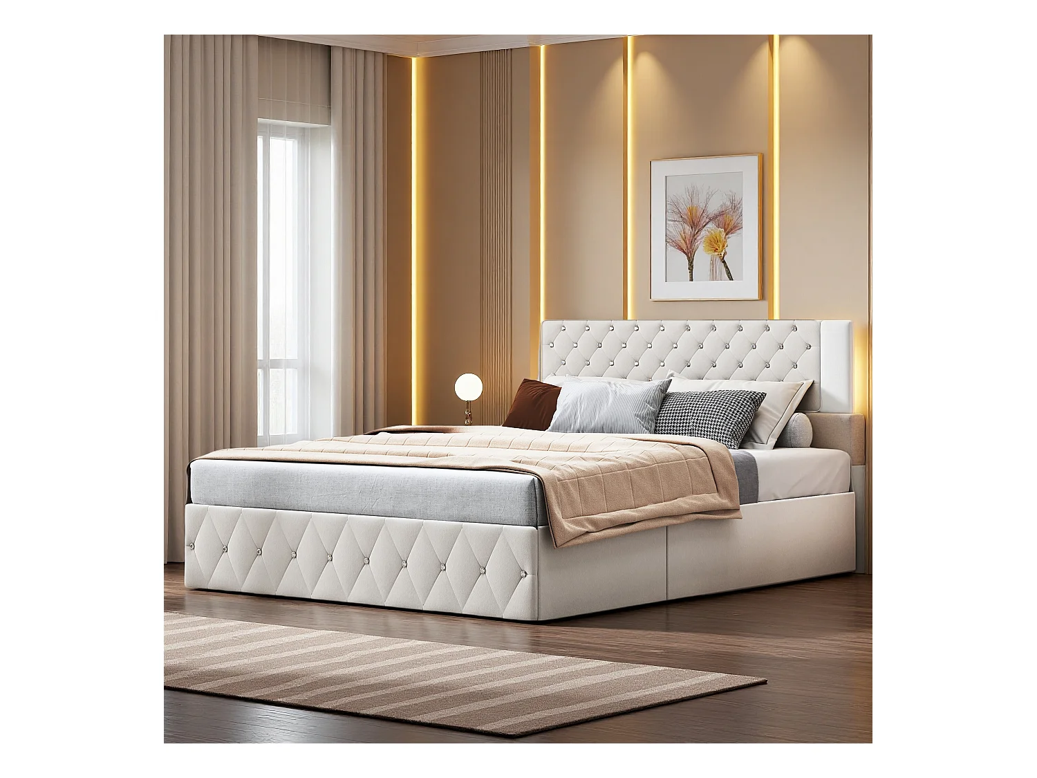 Lit élégant rembourré 140x200 avec grande tête de lit relevable, lit en velours avec LED, système de rangement hydraulique, lit beige élégant