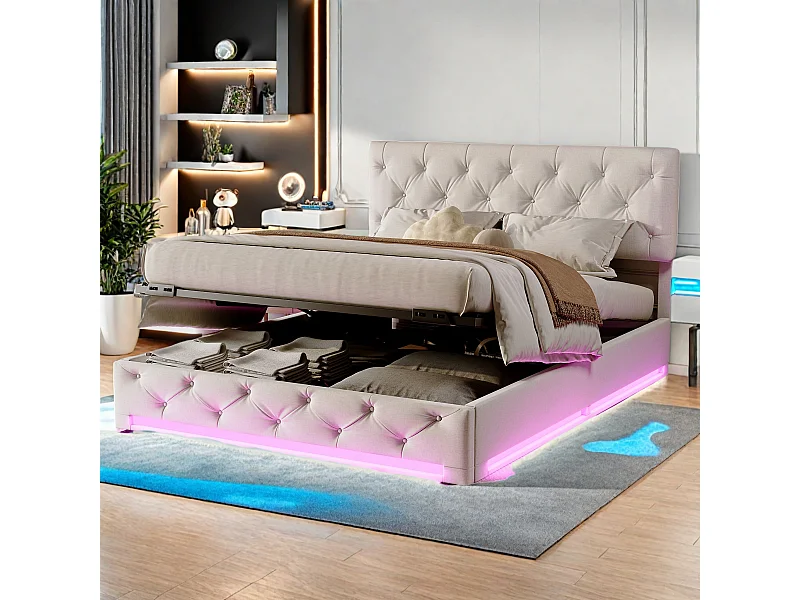 Canapé abatible de 160x200 cm en tejido beige con LED RGB, cabecero acolchado regulable y gran espacio de almacenaje hidráulico