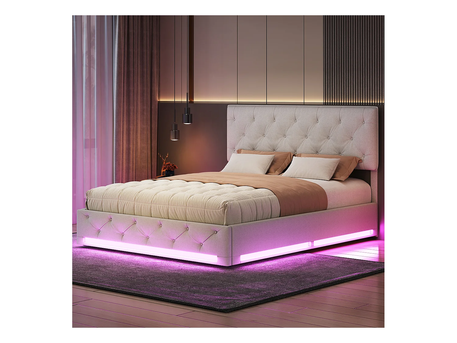 Canapé abatible de 160x200 cm en tejido beige con LED RGB, cabecero acolchado regulable y gran espacio de almacenaje hidráulico