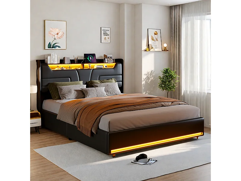 Letto matrimoniale 140x200cm in pelle PU nera con contenitore idraulico, testiera LED con porte di ricarica e striscia luminosa ai piedi del letto