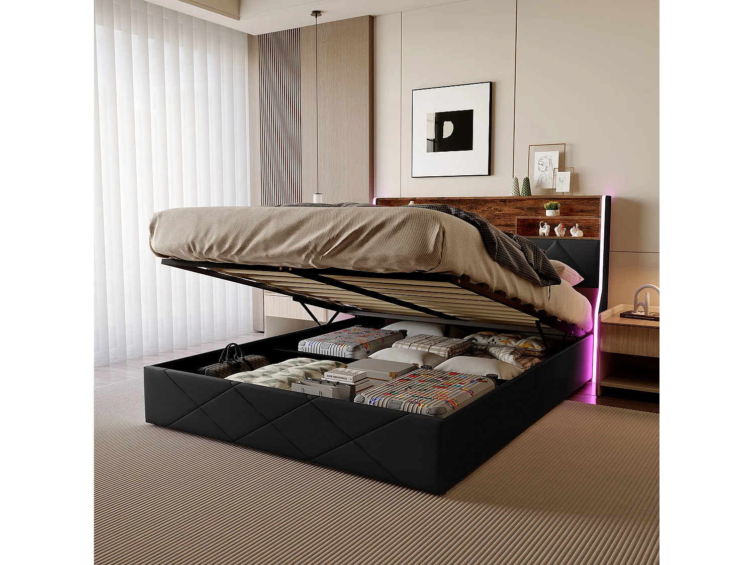 Opbergbed 160x200 cm in zwart imitatieleer en licht eikenhout, hoofdbord met opbergruimte, USB-aansluitingen en ledstrips