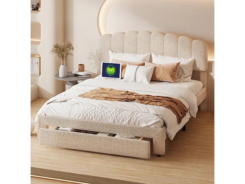 Tweepersoonsbed 160x200 cm in beige teddystof - Opberglades aan het voeteneind van het bed en geïntegreerde USB-poorten