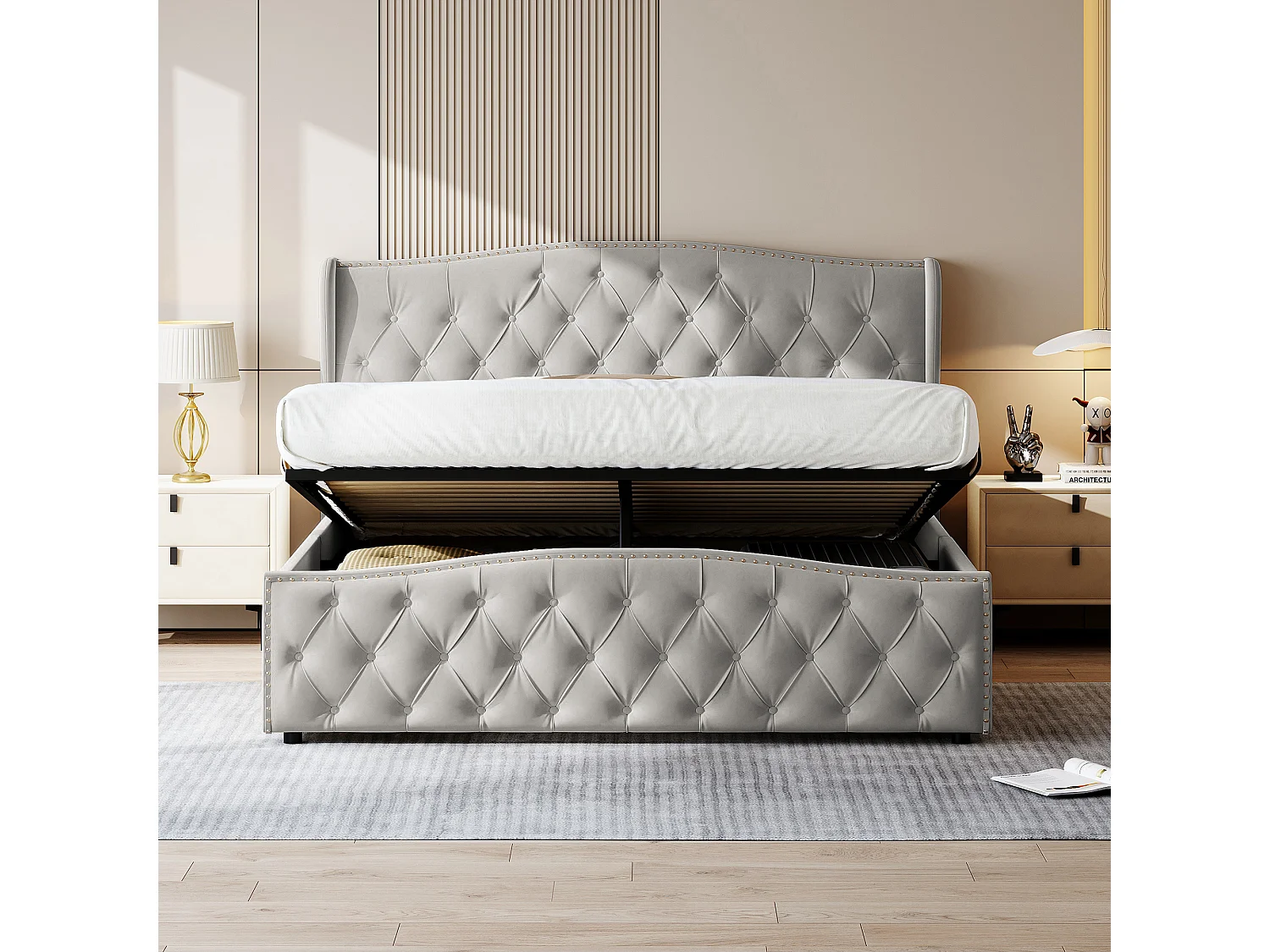 Cama de terciopelo gris de 160x200 cm con clavos decorativos y estampado de ondas, Cama doble con somier de láminas y espacio de almacenaje