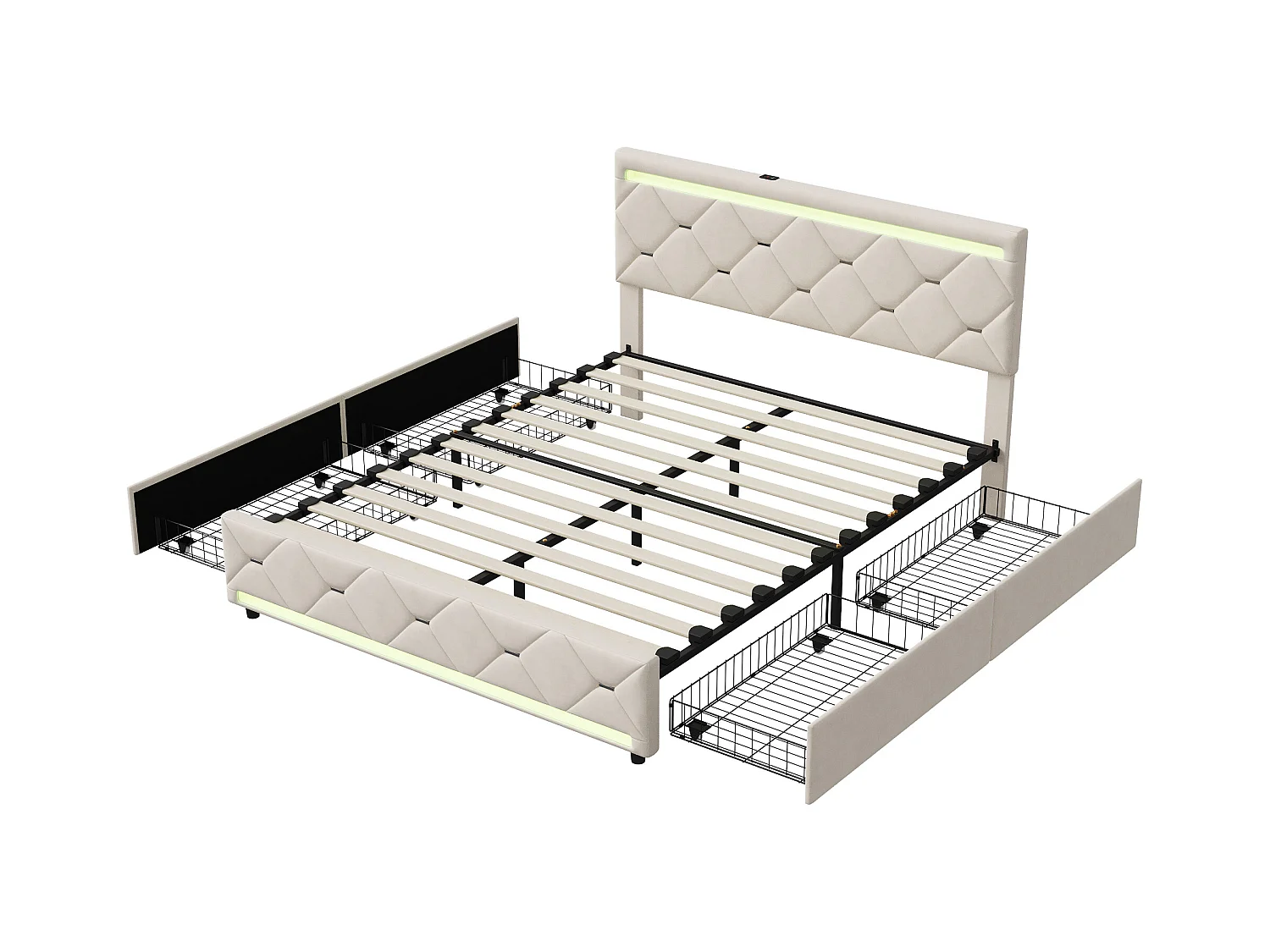 Lit coffre avec 4 tiroirs, LED multicolores et port USB – 140x200 cm – Velours blanc cassé design moderne